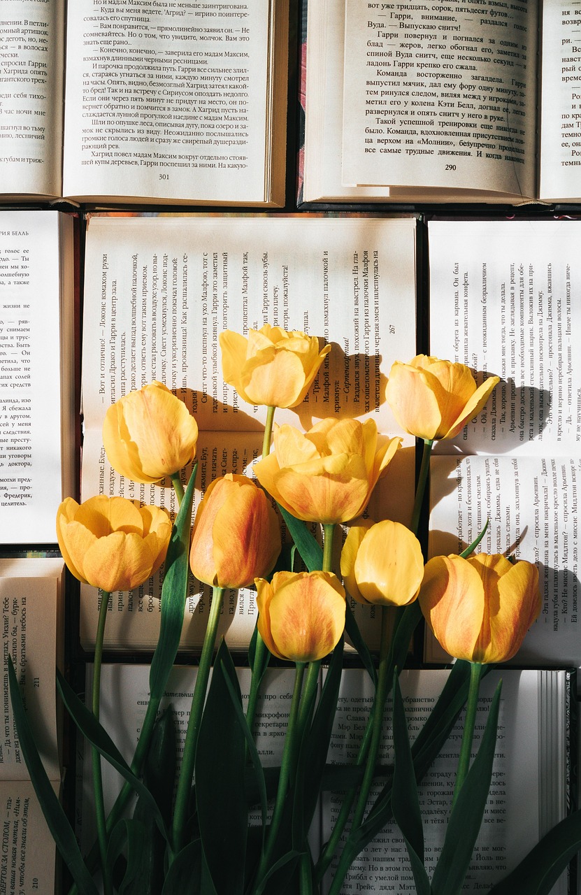 tulips, flowers, books, flower wallpaper, beautiful flowers, read, page, yellow tulips, yellow flowers, spring, flower background, nature, literature, closeup, phone wallpaper, aesthetic wallpaper