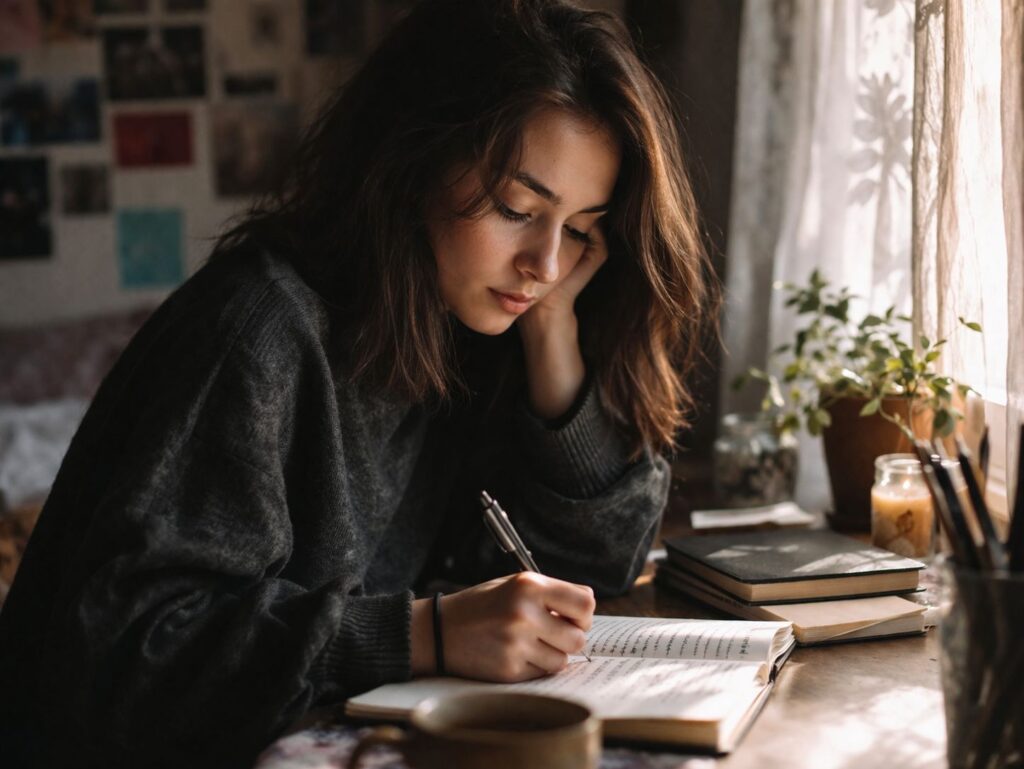 Mujer joven escribiendo en un cuaderno en un ambiente cálido, escribiendo el borrador de una novela.