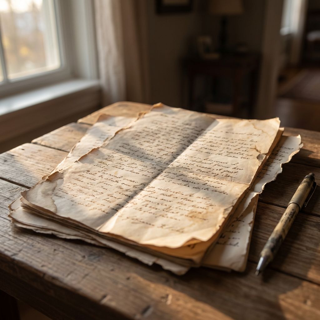 Cartas escritas a mano sobre una superficie de madera con luz cálida, evocando recuerdos y emociones