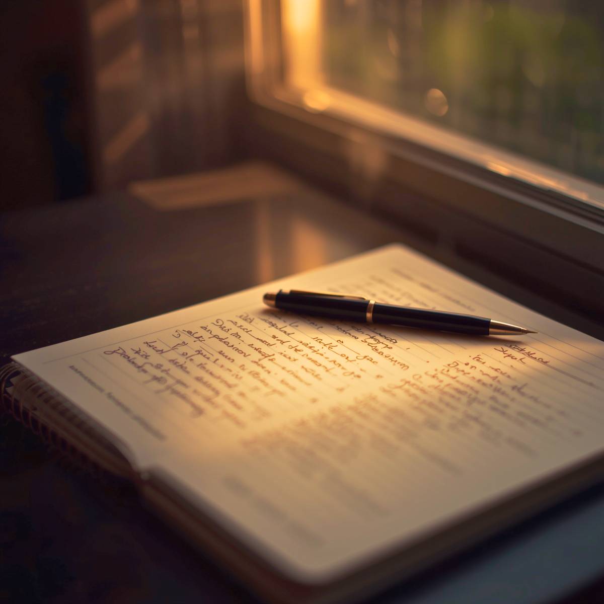 Cuaderno con escritura a mano y una pluma sobre la página, iluminado por luz natural en un ambiente acogedor