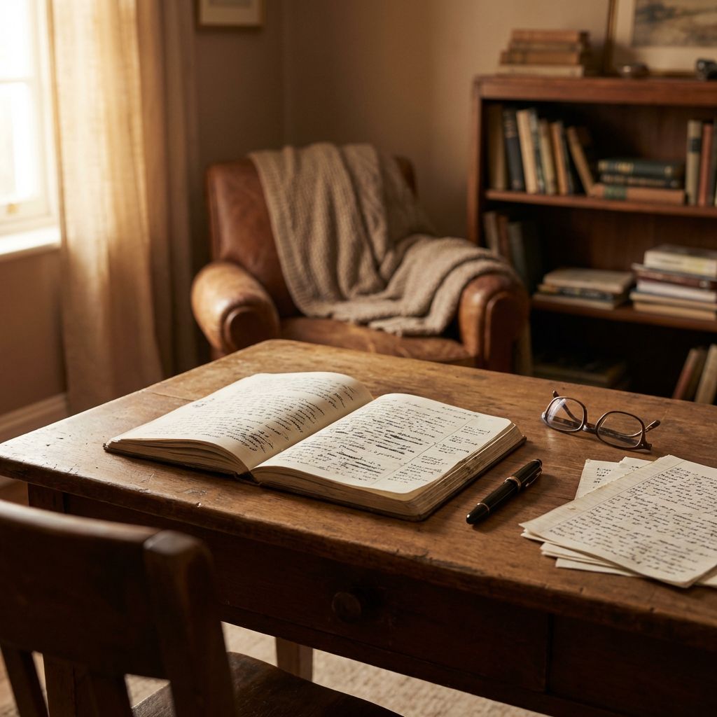 Manuscrito abierto sobre una mesa de madera con hojas sueltas, pluma y lentes, en un espacio cálido de trabajo literario