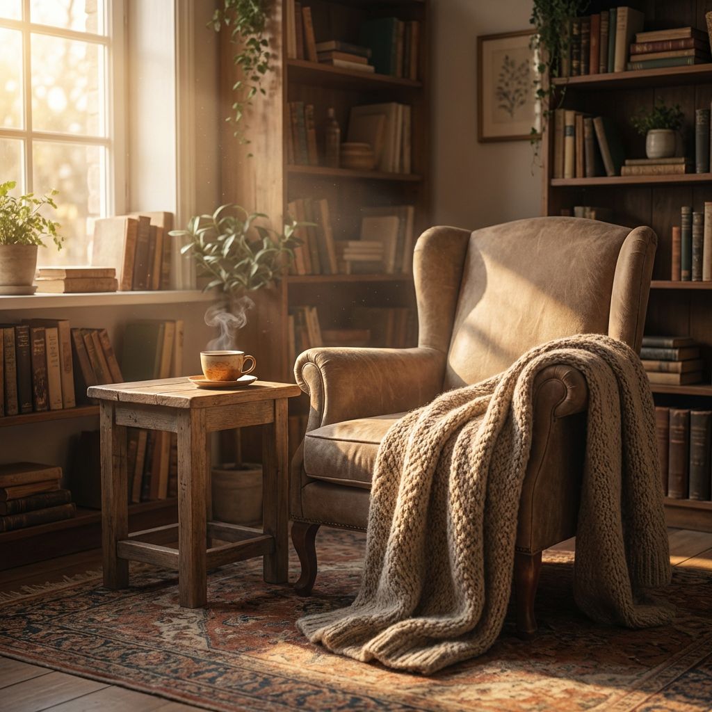 Rincón acogedor con sillón, manta y mesa con taza caliente junto a una ventana iluminada, evocando un espacio íntimo de lectura y escritura.