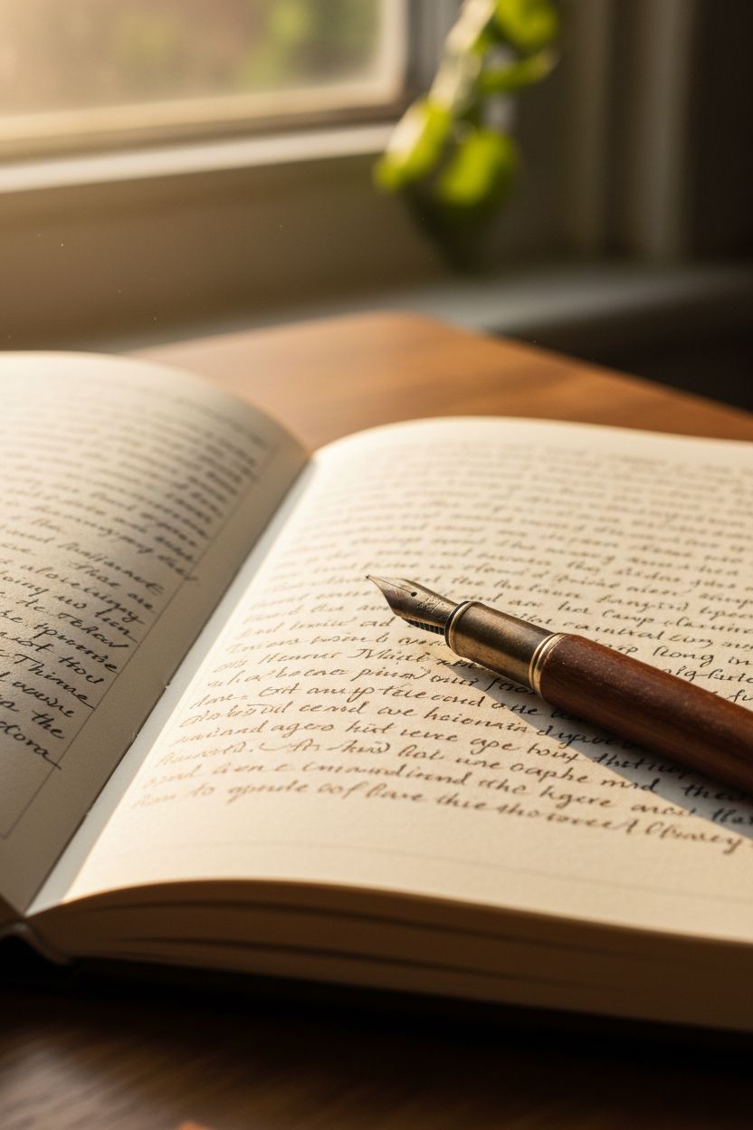 Cuaderno abierto con texto manuscrito y una pluma sobre la página, iluminado por luz natural, representando un fragmento de historia en proceso de escritura.