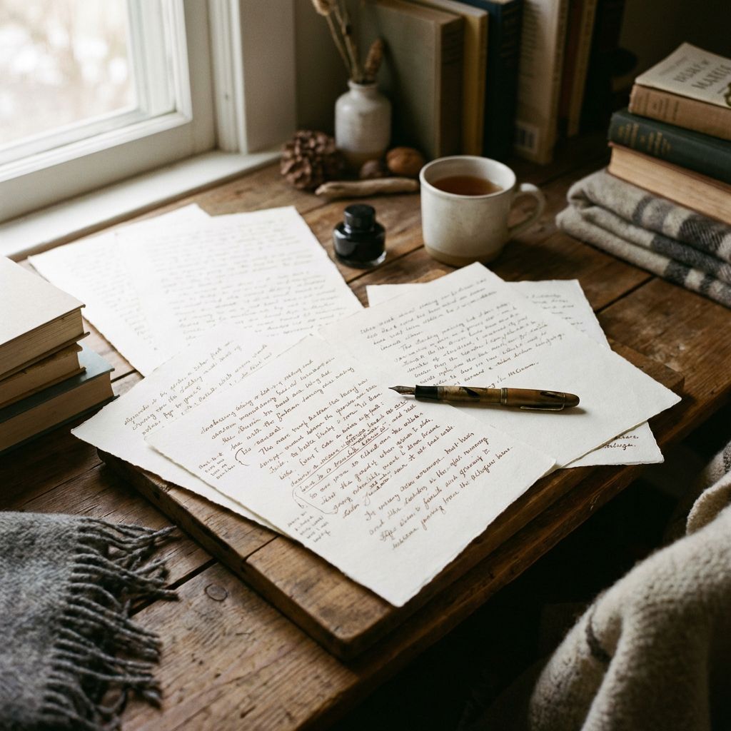 Manuscrito en proceso con páginas escritas a mano sobre un escritorio de madera iluminado por luz natural