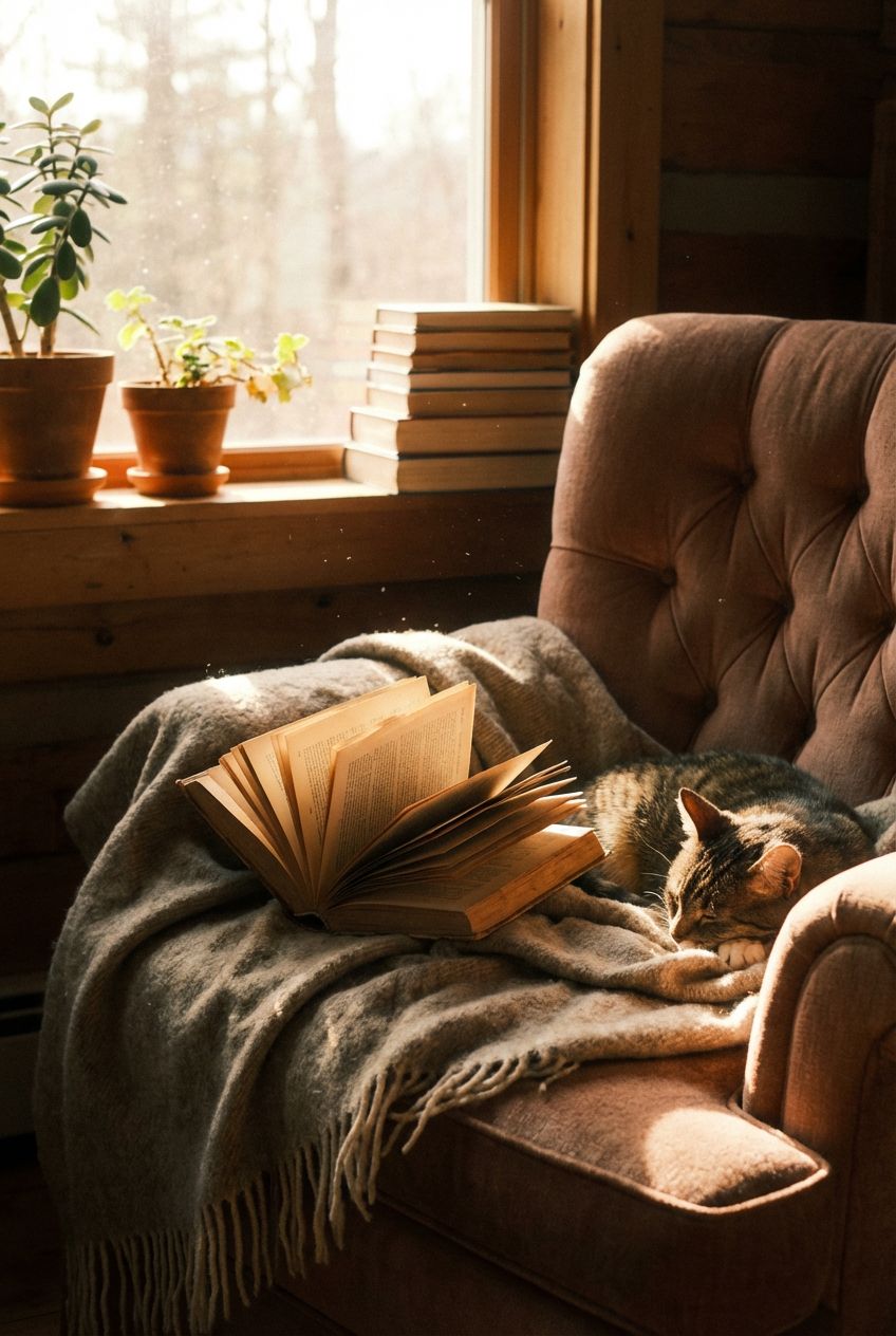 Sillón acogedor junto a una ventana con luz cálida, un libro abierto sobre una manta y un gato descansando, representando un espacio íntimo para disfrutar historias.