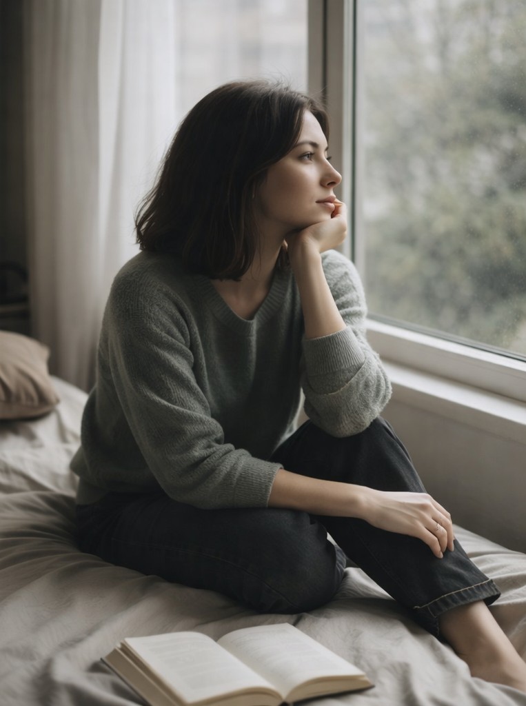 mujer pensativa en una tarde lluviosa, pensando en las palabras que la llevan a su camino de escritora.