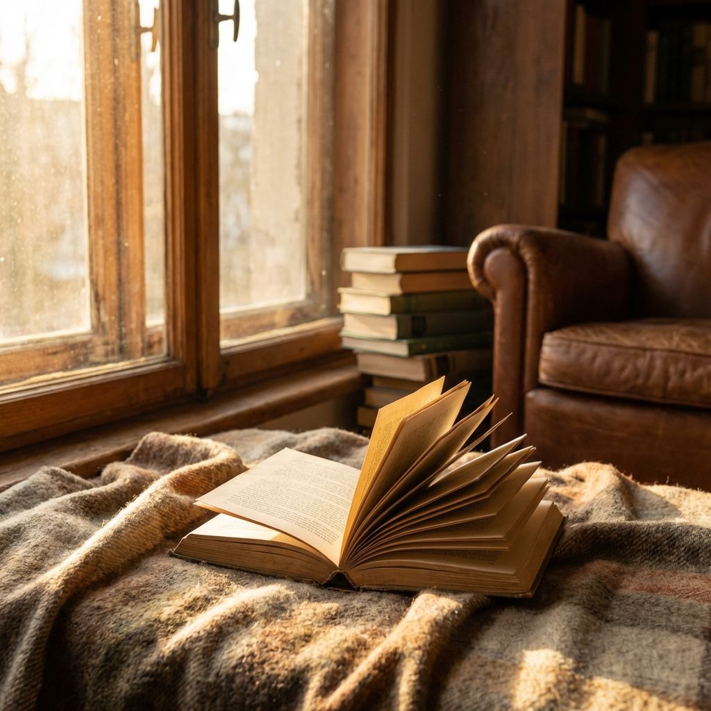 Libro abierto sobre una manta junto a una ventana con luz cálida, creando una escena acogedora y reflexiva