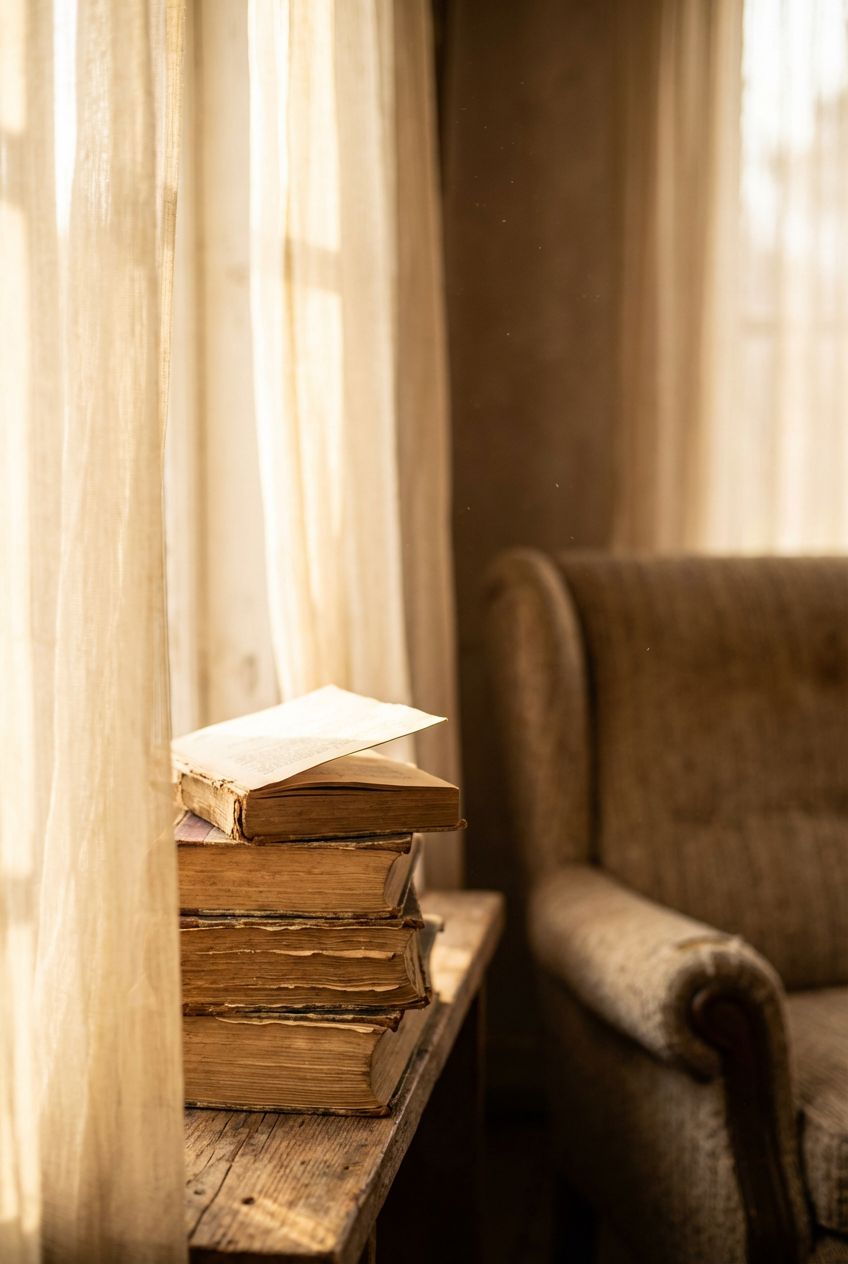 Libros antiguos apilados junto a una ventana con luz cálida, con una hoja suelta encima y un sillón desenfocado al fondo