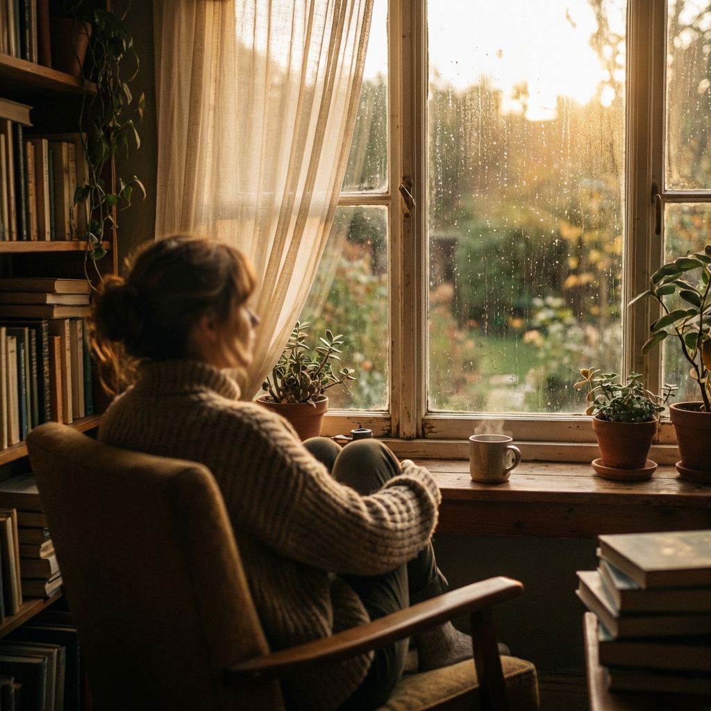 Persona sentada junto a una ventana en un ambiente cálido, mirando hacia afuera de forma reflexiva
