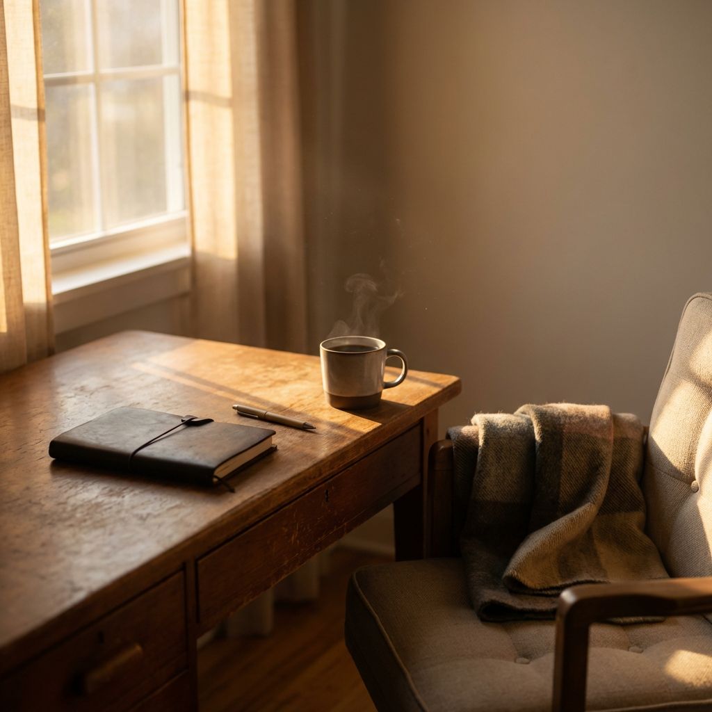 Cuaderno cerrado sobre un escritorio de madera junto a una taza de café y una silla, iluminado por luz cálida de una ventana, representando un momento de reflexión antes de escribir