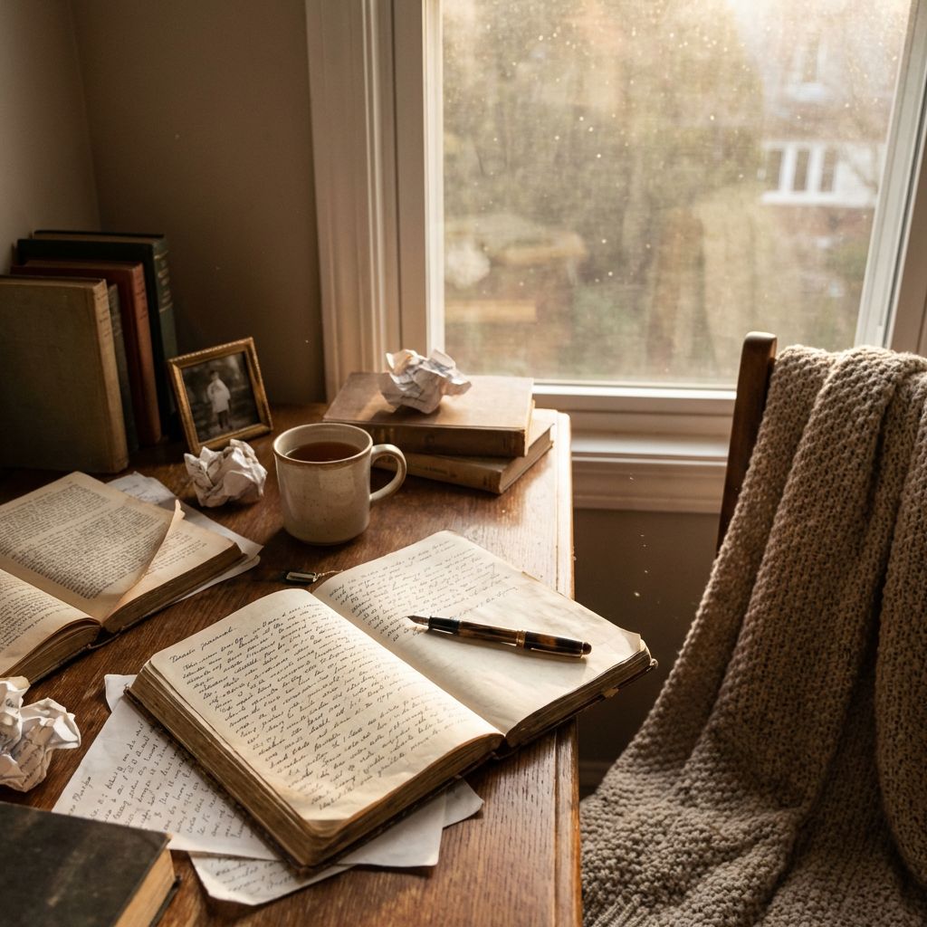 Espacio de escritura con cuaderno abierto, hojas arrugadas y taza de café junto a una ventana, representando el proceso creativo de una autora