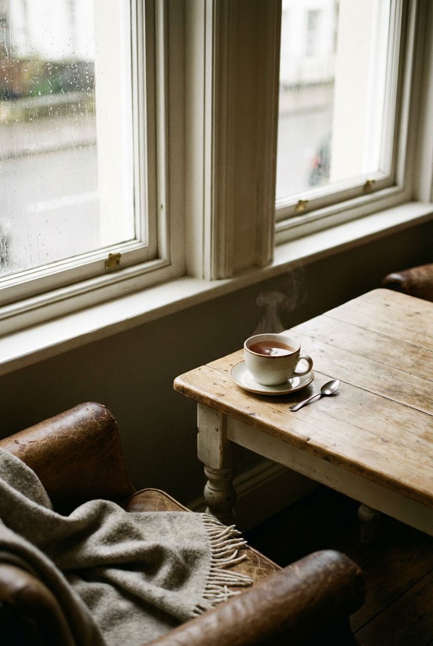 Taza de té caliente sobre una mesa de madera junto a una ventana con lluvia, evocando un momento íntimo de reflexión y calma.