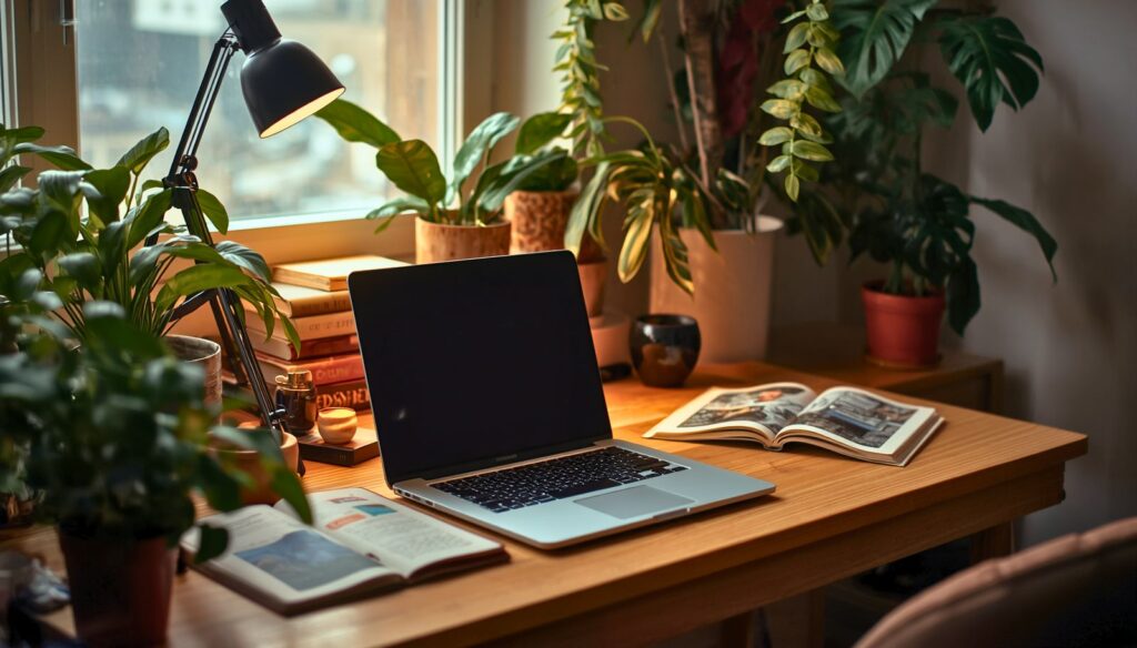 Escritorio con computadora portátil, libros y plantas junto a una ventana.