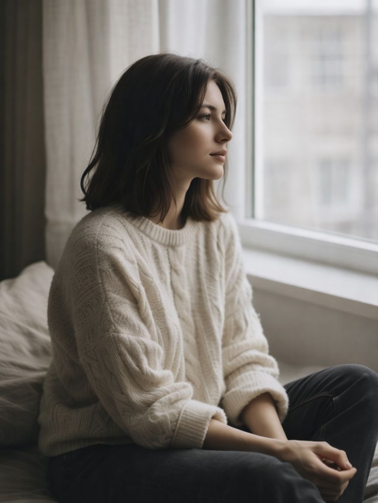 Mujer sentada junto a una ventana mientras reflexiona en silencio.