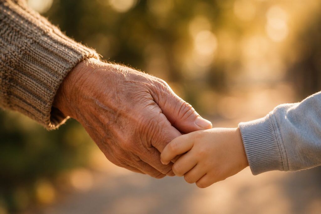 Mano de un abuelo sosteniendo la mano de un niño como símbolo del amor familiar entre generaciones.