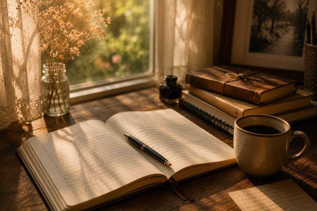 Escritorio iluminado por luz natural con un cuaderno abierto, libros y una taza de café, representando el proceso creativo de escribir historias.