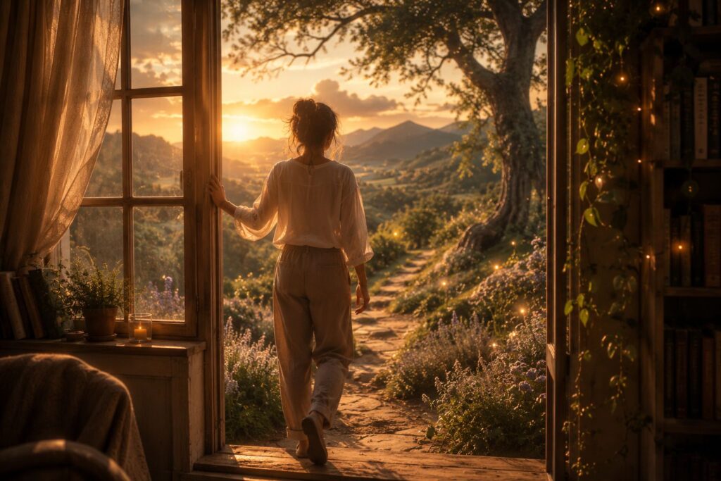 Mujer cruzando una puerta hacia un paisaje luminoso que simboliza entrar en el mundo de una historia.