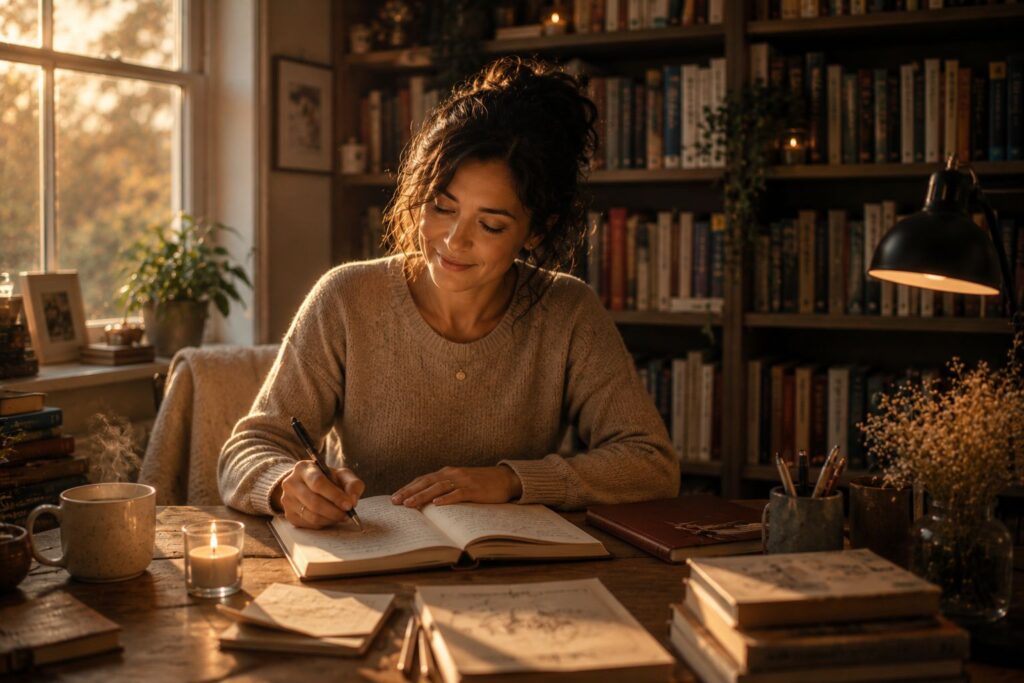 Escritora trabajando en un manuscrito en un estudio cálido rodeada de libros.