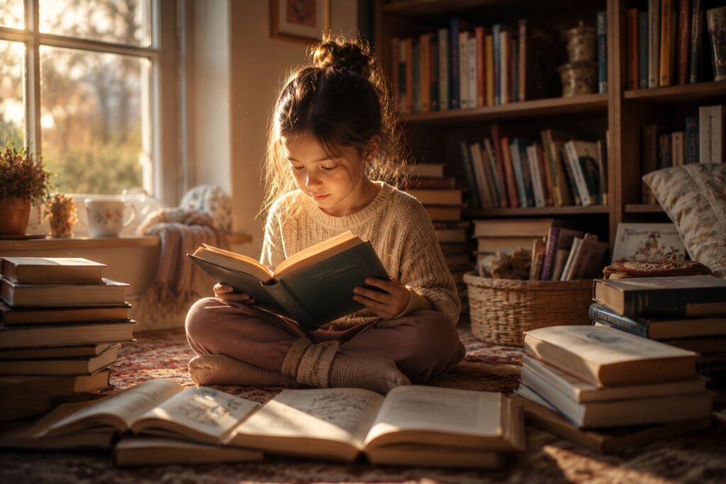 Niña leyendo un libro rodeada de libros en un rincón acogedor e iluminado por la luz de la tarde.
