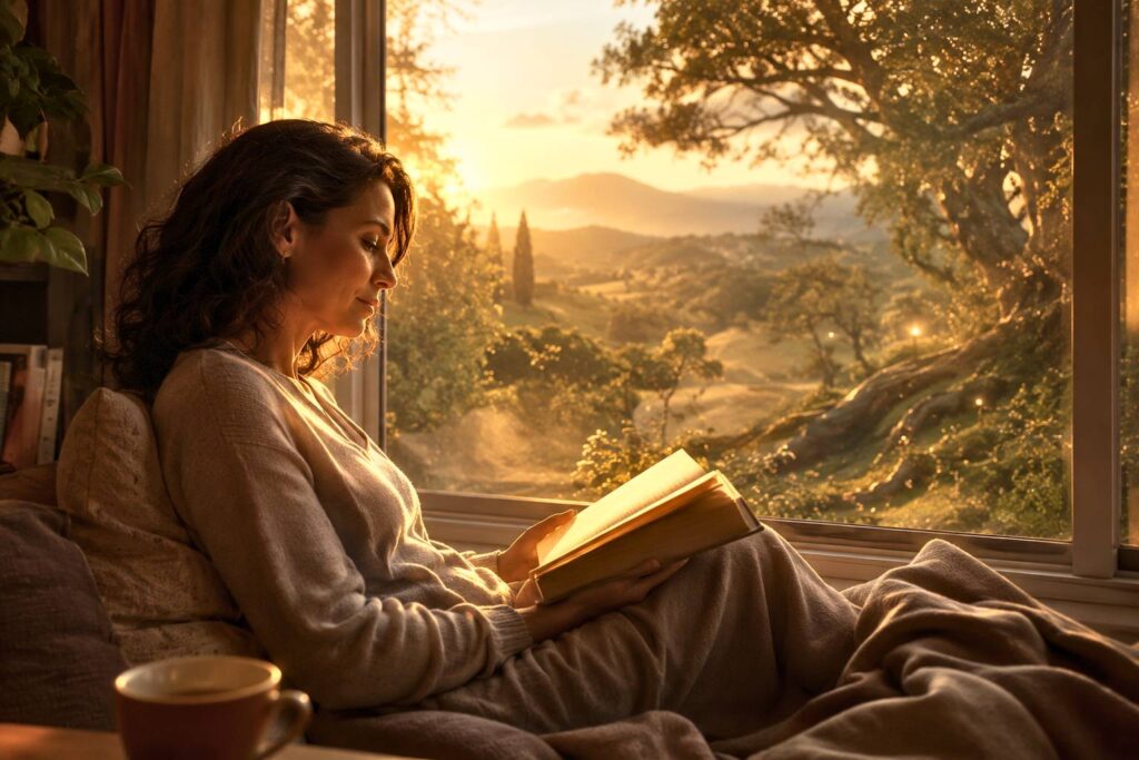 Mujer leyendo un libro junto a una ventana al atardecer mientras la imaginación se mezcla con el paisaje exterior.