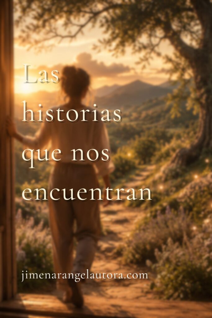 Mujer entrando en un paisaje luminoso que simboliza cómo una historia puede encontrarnos y transformar nuestra vida.