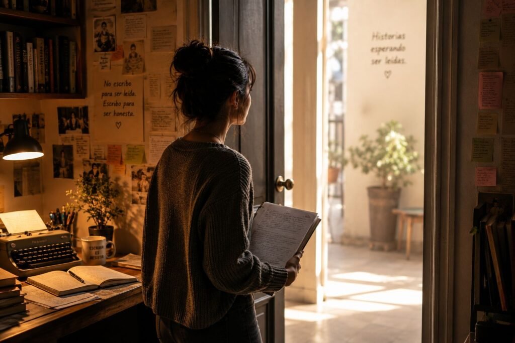 Escritora con páginas en las manos frente a una puerta abierta que conduce de su estudio a un espacio iluminado.