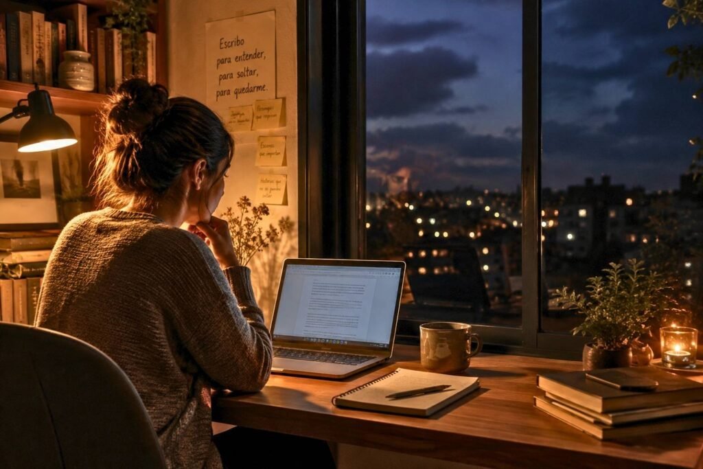 Escritora trabajando de noche frente a su computadora mientras observa las luces de la ciudad por la ventana.