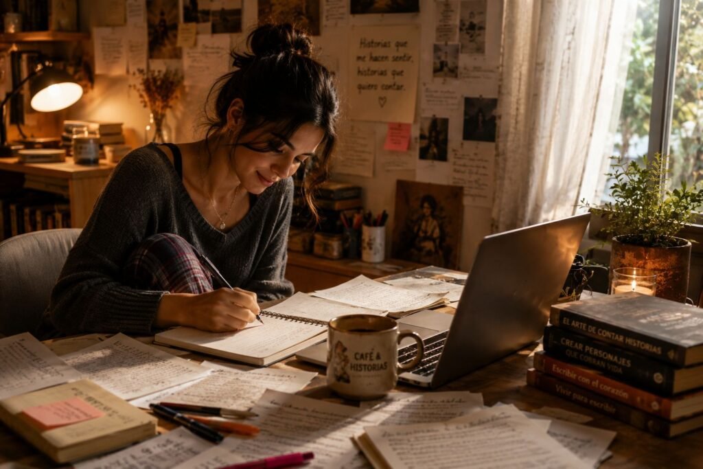 Joven escribiendo en un cuaderno rodeada de notas, libros y una computadora en su espacio creativo.