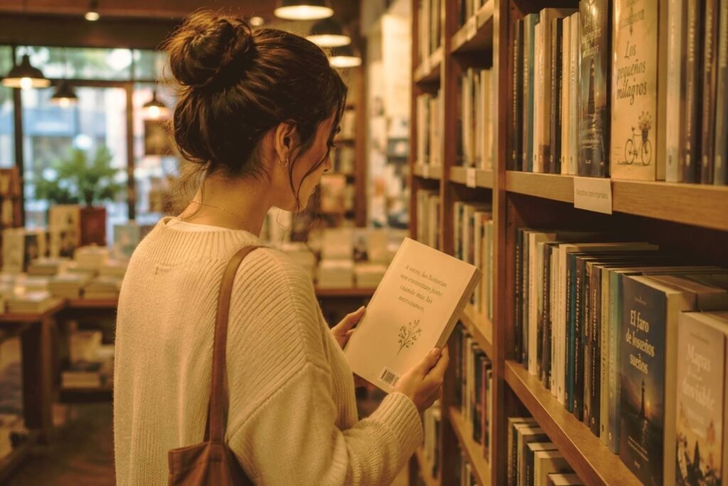 Lectora descubre un libro mientras recorre los estantes de una librería.
