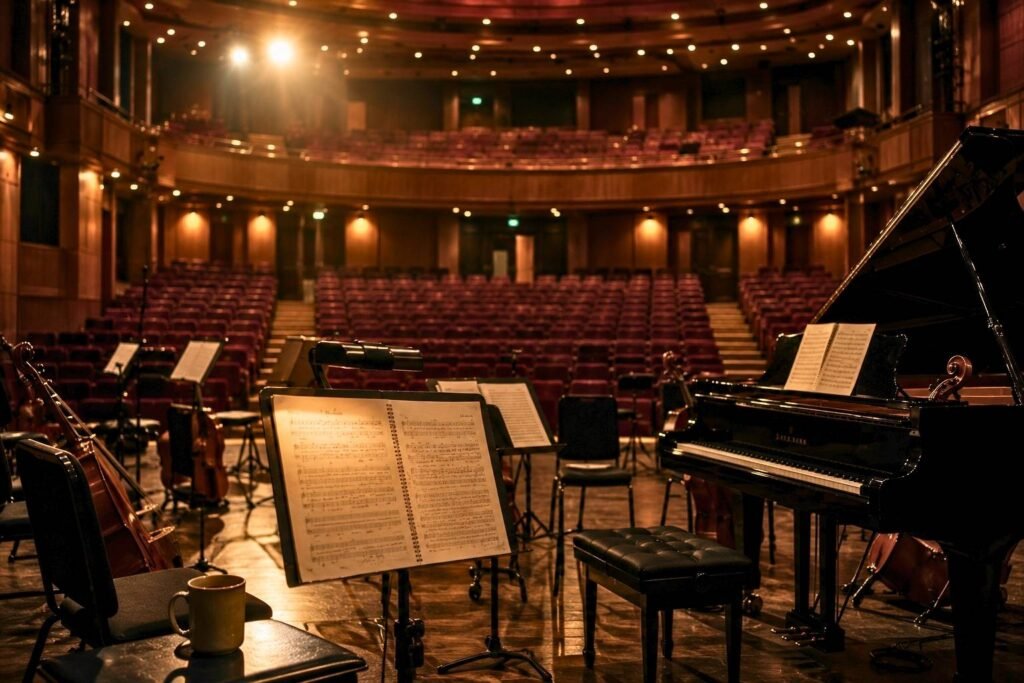 Sala de conciertos vacía con instrumentos, piano y partituras preparados sobre el escenario antes de una presentación.