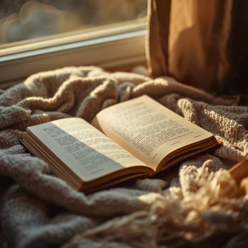 Libro abierto sobre una manta con luz natural, evocando un momento de lectura íntima y reflexión